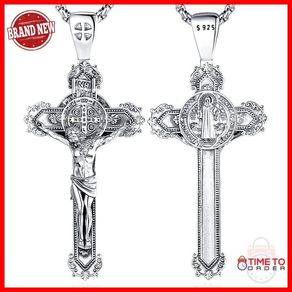 Sterling Silver Saint Benedict Crucifix Pendant Necklace Religious Gift